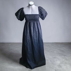 DISSH Black Linen Puff Sleeve Maxi Dress Smocked Bodice Square Neck Size US 4 AU
